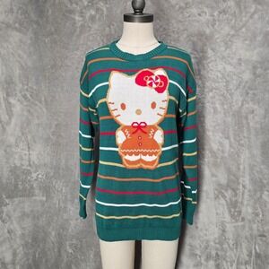 Hello Kitty Sanrio Striped Sweater Green XL Cotton Blend Crew‎ Neck Long Sleeve